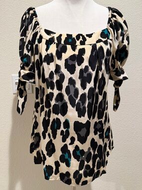 Nanette Lepore Cream Animal-Print Puff Sleeve Ties Top with Teal Accents Size 10